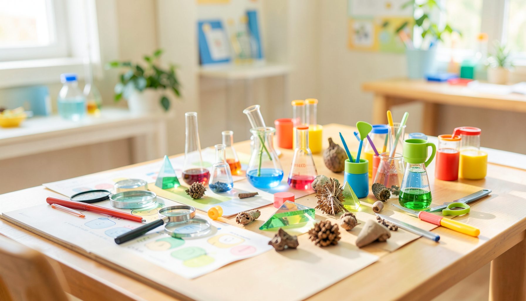 A wooden table with lab glassware filled with colored liquids, pinecones, magnifying glasses, and craft supplies in a bright classroom