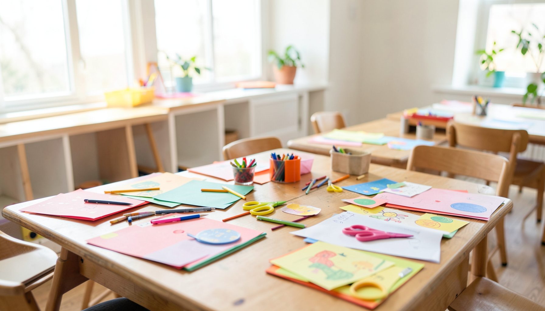 Wooden classroom tables with colorful paper, drawings, markers, and scissors laid out near sunlit windows with plants, bright airy mood