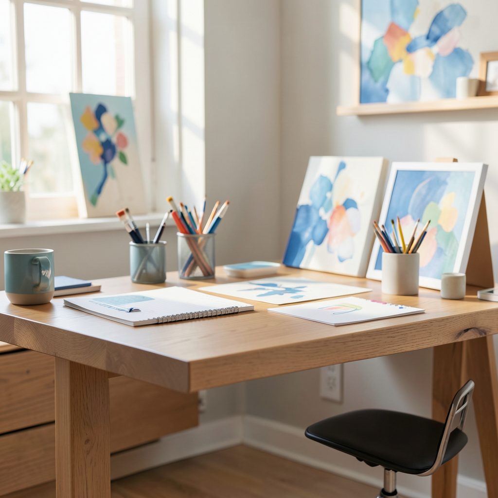 Bright wooden desk with watercolor paintings, pencil cups, a mug, and a notebook near a sunlit window, calm creative mood.