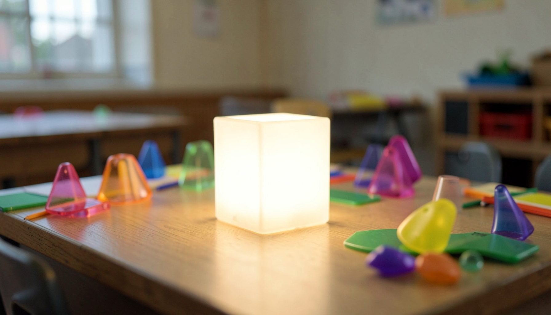 A glowing white cube light on a wooden table surrounded by colorful translucent plastic shapes in a softly lit classroom