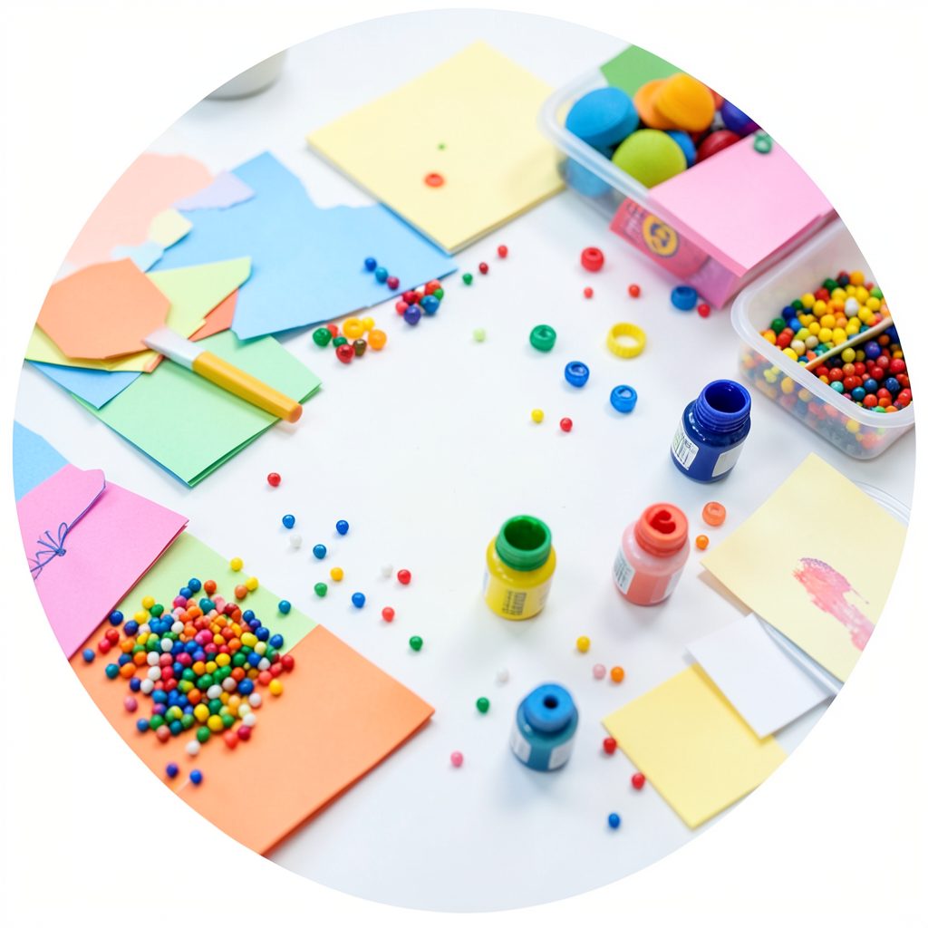 Overhead view of colorful craft supplies including paper, paint bottles, beads, and pom-poms on a white table, bright mood